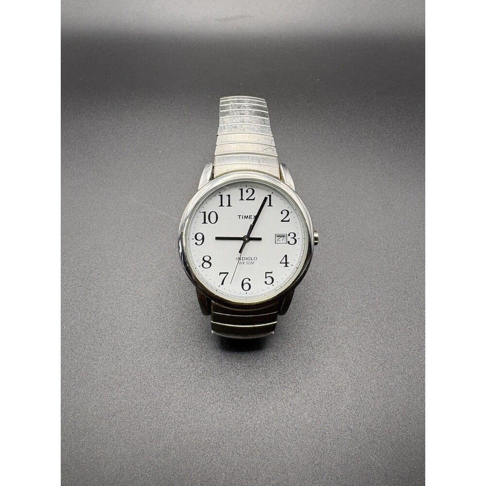 Timex Indiglo WR 30M Date Watch Silver Tone Stretch Band Quartz Untested Watch